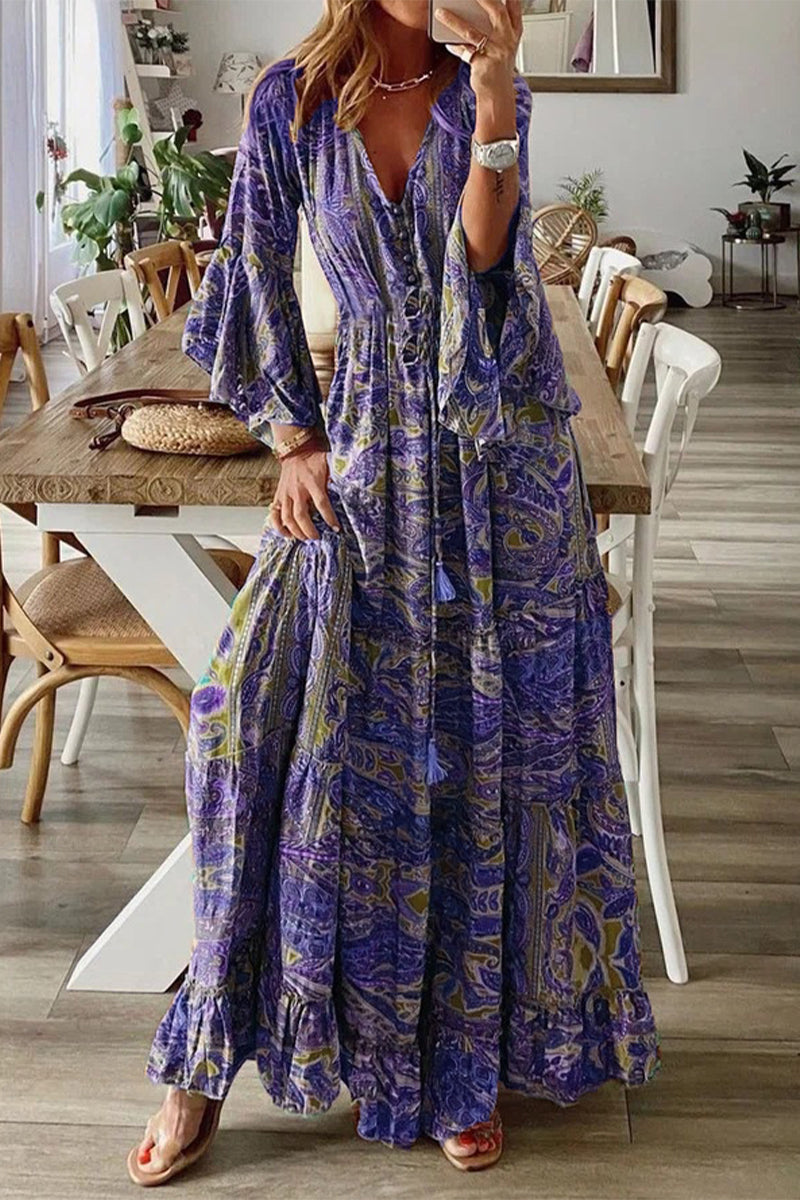 Bohemian V-Neck Dress Featuring Flared Trumpet Sleeves