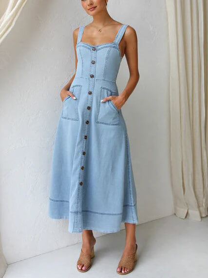Button-Up Front Casual Midi Dress with Denim Straps