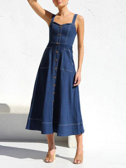 Button-Up Front Casual Midi Dress with Denim Straps