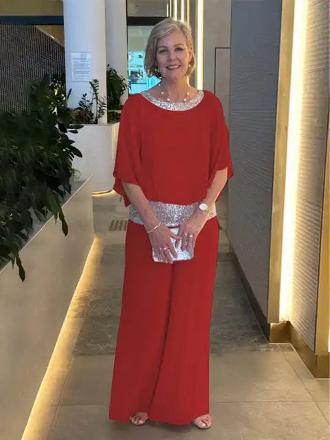 Chic Evening Ensemble: Sparkling Top Matched with Palazzo Pants