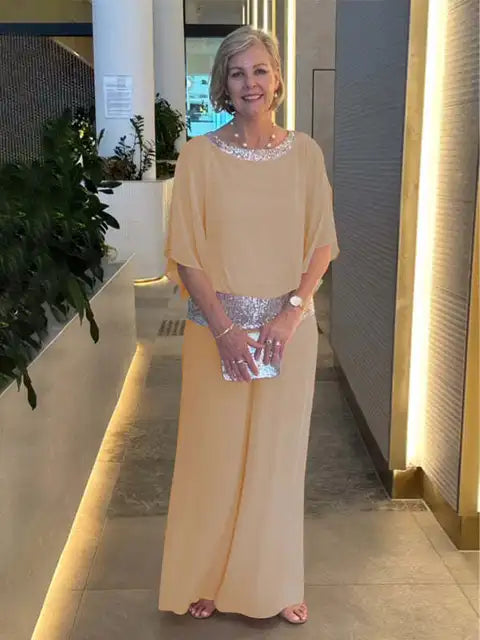 Chic Evening Ensemble: Sparkling Top Matched with Palazzo Pants