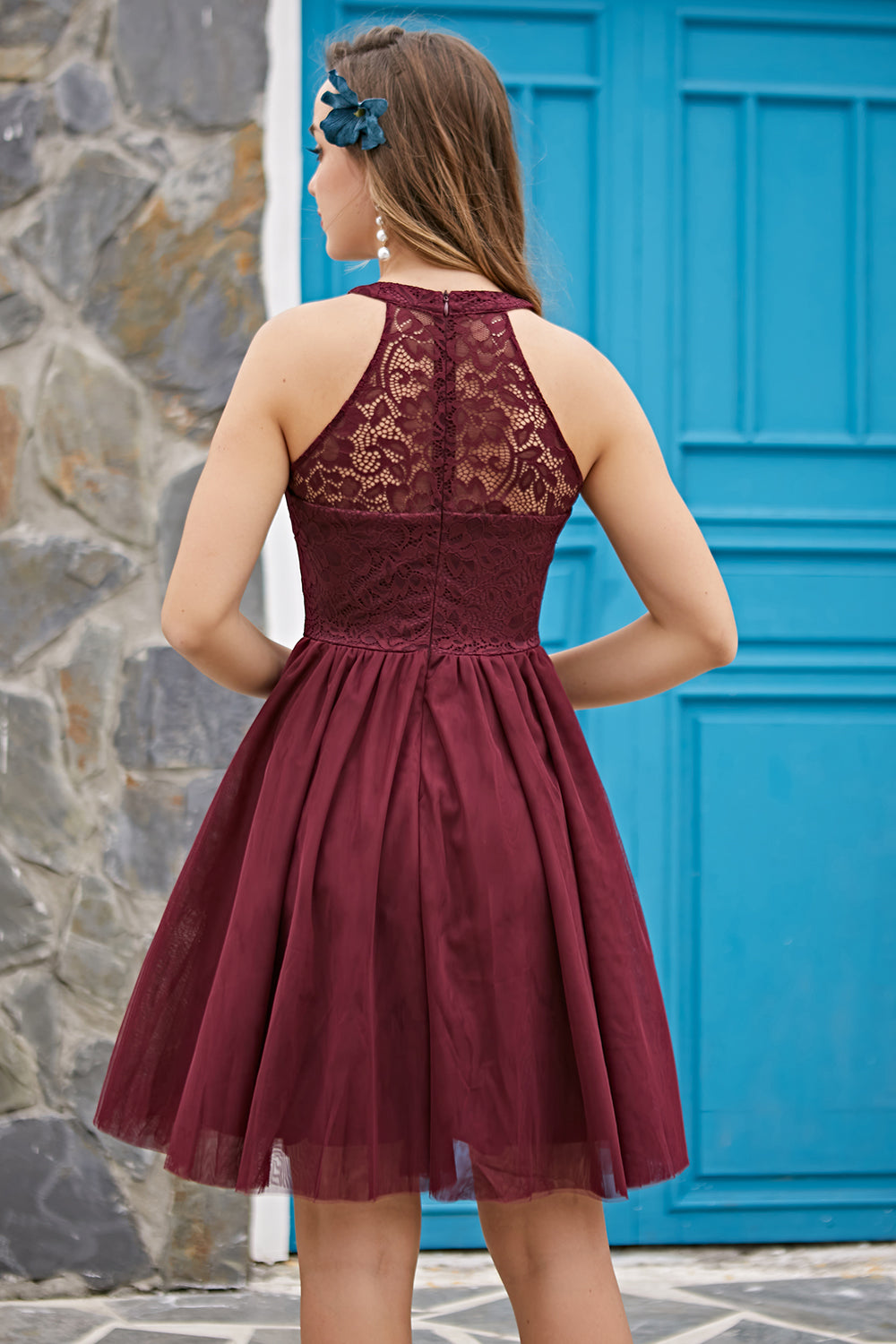 Burgundy Halter Dress for Confirmation Ceremony" can be rewritten as "Elegant Burgundy Halter Dress for Confirmation Celebration.