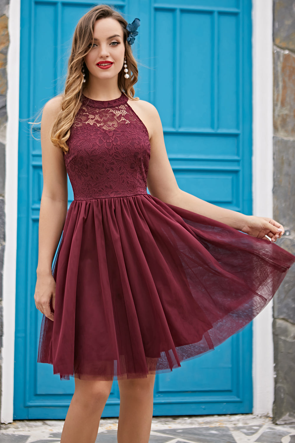 Burgundy Halter Dress for Confirmation Ceremony" can be rewritten as "Elegant Burgundy Halter Dress for Confirmation Celebration.